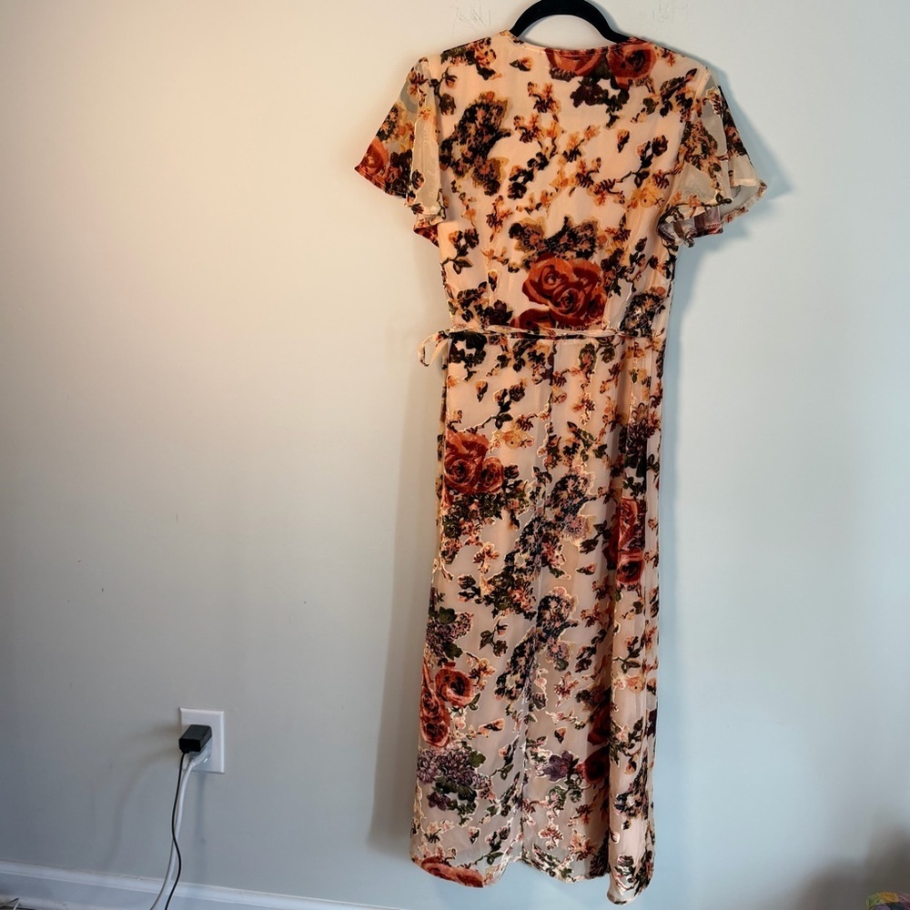 BHLDN Anthro Blush Velvet Burnout Floral Wrap Midi Dress Wedding Bridesmaid MED - Picture 5 of 12